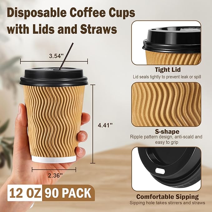 SIUQ 12 oz Coffee Cups-90 Pack Disposable Coffee Cups - Image 2