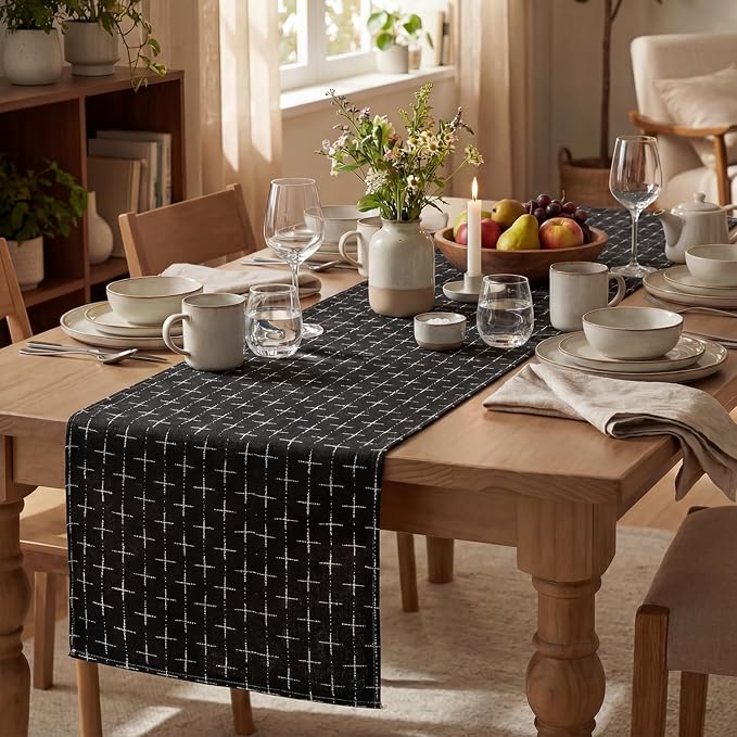 Artoid Mode Black Cross-Star Textured Table Runner, Seasonal Waterproof Rustic - Image 5