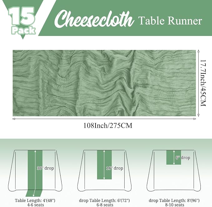 15 Pack Sage Green Table Runner 17 x 108inch Cheesecloth Table Runner Boho - Image 2