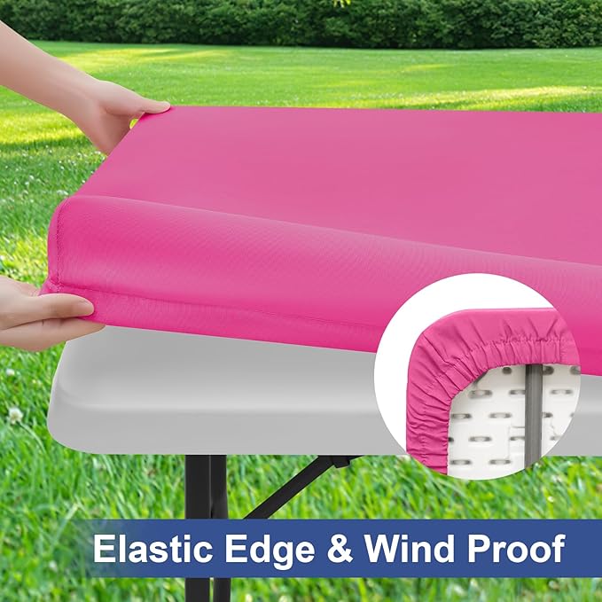 homing 2 Pack Rectangle Table Cloth, Elastic Fitted Fabric Tablecloth Fits for 8 Foot Folding Tables, Washable Table Cover for Picnic, Camping, Indoor & Outdoor (Rose Pink, 30" x 96")