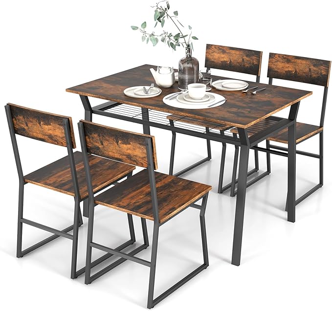 Giantex Dining Table Set for 4, 47”L x 28”W Rectangular Kitchen Table w/ 4 Trapezoid Chairs, Reinforced Metal Frame & Storage Rack, Industrial Space-Saving Dinette Set for Kitchen Dining Room (Brown)