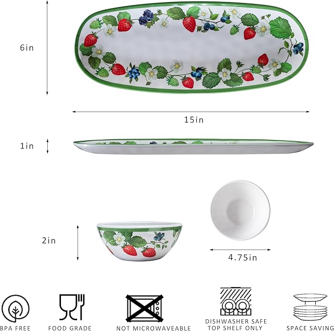 LEHAHA Strawberry Melamine Chip and Dip bowl Serving platter, Set of 3. Rectangular serving platter and small serving bowl sets. Round Dipping Dishes for Condiments, Pre, Dessert, Salsa, Entertaining