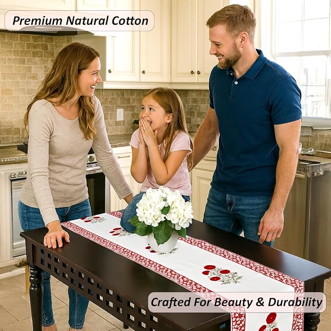 Salmon Pink Buta Hand Block Print 100% Cotton Reusable Table Runner 16" X 70" - Image 2
