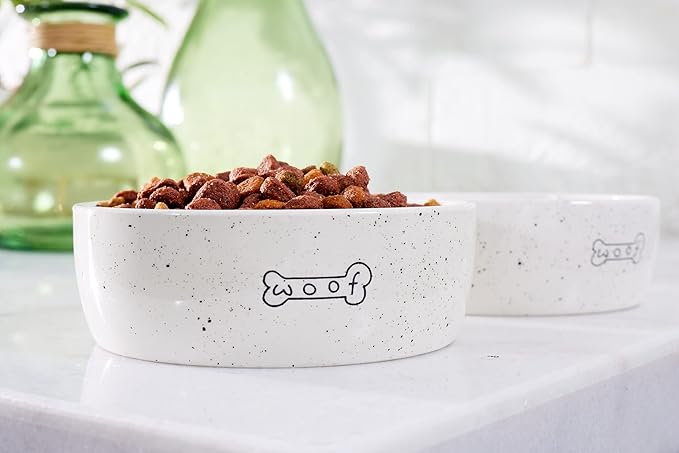 Pearhead Ceramic Pet Bowl 3-Cup Capacity Durable Speckled Dish with Woof Graphic Food Water Feeder for Small Medium Dogs