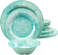 12 Pcs Melamine Dinnerware Sets, Durable Dishware Melamine Dinner Plates for Indoor and Outdoor, Aqua Plates and Bowls Sets, Dishwasher Safe Shatter Proof Chip Resistant Not Microware Not Oven(Green）