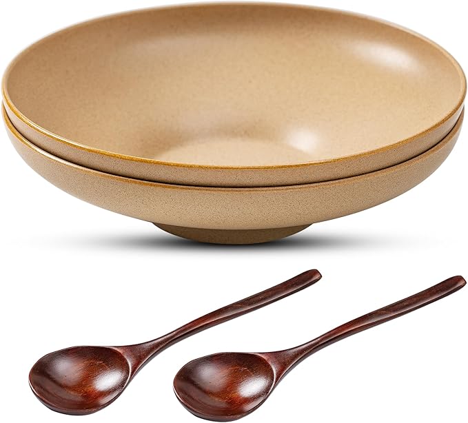 Ceramic Serving Bowls with Wooden Spoons Set of 2, Large Serving Bowl for Dinner Salad Soup Pasta Dessert Fish Fruit Chicken Bread, Oven Dishwasher Safe, 50oz Bowl for Entertaining, 9.75"