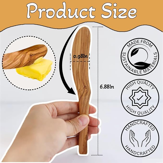 Olive Wood Butter Spreader, 6.8 Inch Handmade Butter Knife Set of 6 | Olive - Image 2