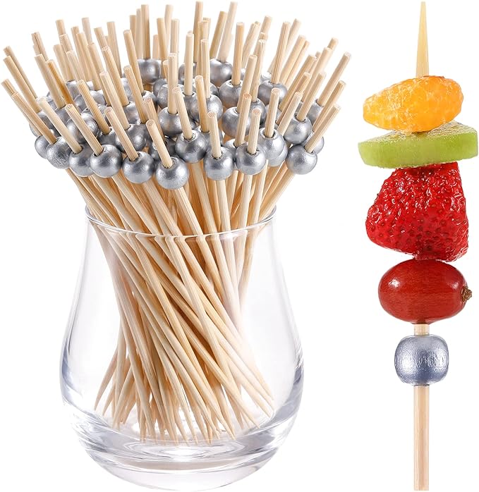 200 Pcs Cocktail Picks, 4.7 Inch Toothpicks for Appetizers, Bamboo Cocktail Sticks Skewers for Drinks, Desserts, Charcuterie, Wedding Party Fancy Toothpicks, Silver Pearl Mini Food Picks Decorative