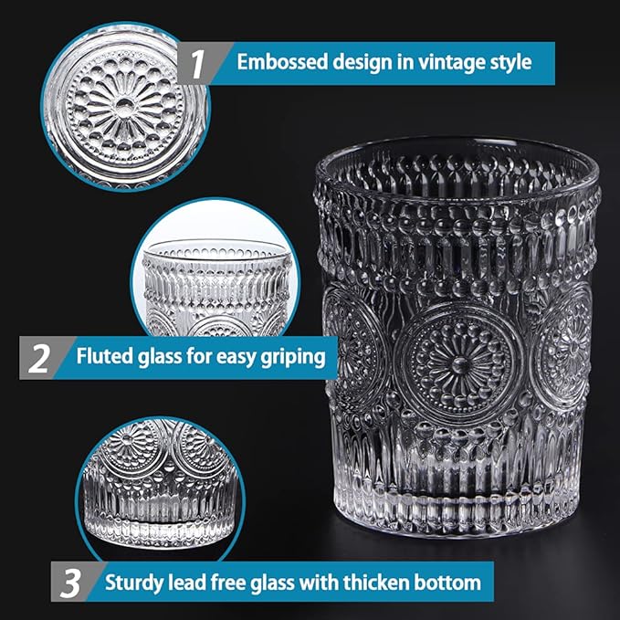 MDLUU 6-Pack Embossed Drinking Glasses, Romantic Glassware, Vintage Glass Tumblers for Juice, Beverages, Cocktail, Capacity 9oz/265ml
