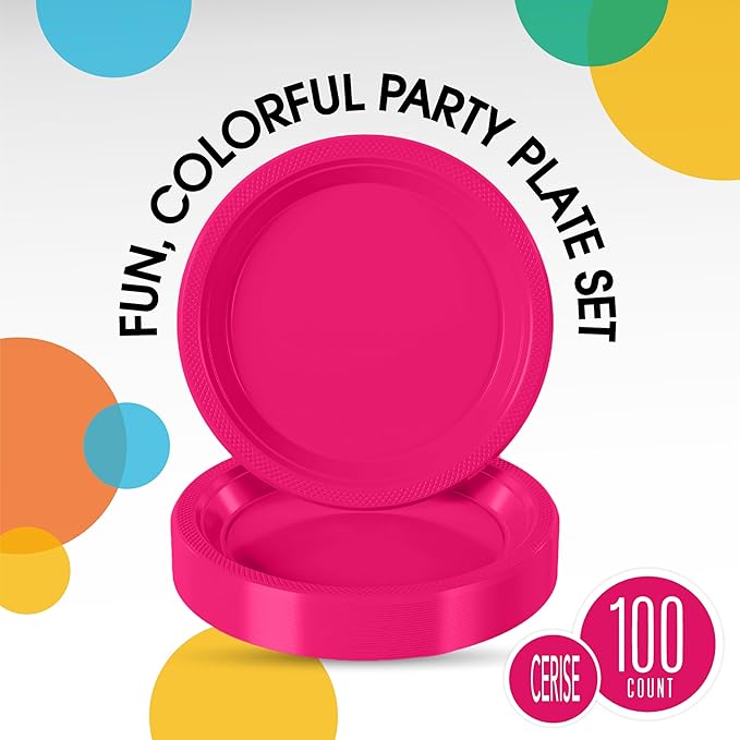 Party Solids Cerise Plastic Plates For Party 10" Cerise Disposable Plates Heavy Duty 100 Pcs Plastic Dinnerware Sets Heavy Duty 350 GSM Disposable Dinnerware Set