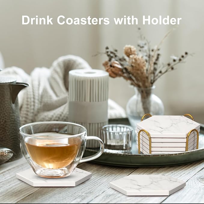 White Marble Coasters Set of 6 Hexagon Absorbent Ceramic Coasters - Image 6