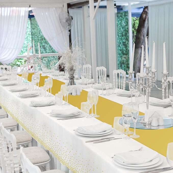 24 Pack White and Gold Tablecloth and Table Runner Set Party Decorations - Image 7