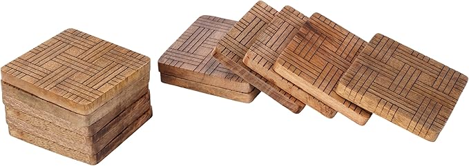 Set of 6 Wood Coasters - Natural Mango Wooden Coasters for Drinks, Beverages, Wine Glasses & Bar Glasses - Rustic & Durable Drink Coasters - Coaster Set for Home, Kitchen, Dining, Bar Decor