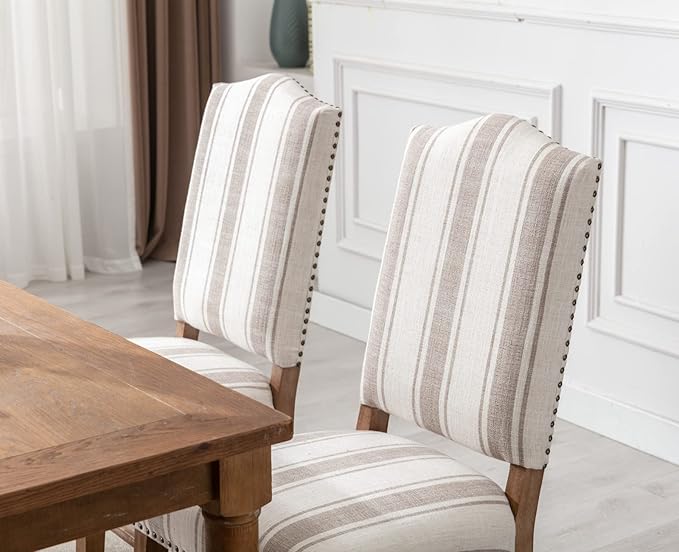 CIMOTA Mid Century Modern Dining Chairs Set of 2, Farmhouse Upholstered Dining Room Chairs Comfortable Kitchen Side Chairs with High Back/Natural Solid Wood Frame, Linen Brown/Beige Stripe