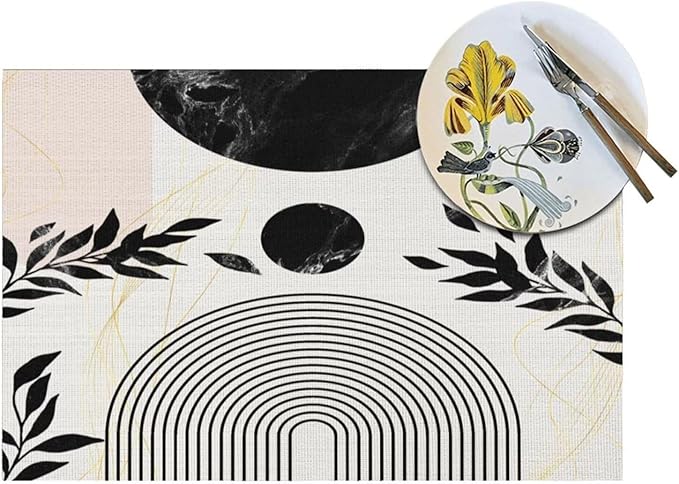 Boho Mid Century Leaf Placemats,Arch Sun Design,Minimalistic Leaves Pattern Luxurious Washable Place Mats 12x18Inch for Dining Kitchen Farmhouse Decor 4 PCS