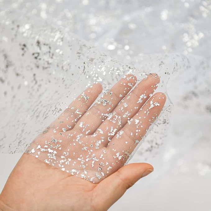 Artoid Mode 6Pcs White Silver Gauze Table Runner 120 Inch 10FT, Glitter Metallic Foil Sheer Dining Wedding Anniversary Holiday Birthday Table Decor for Home Party