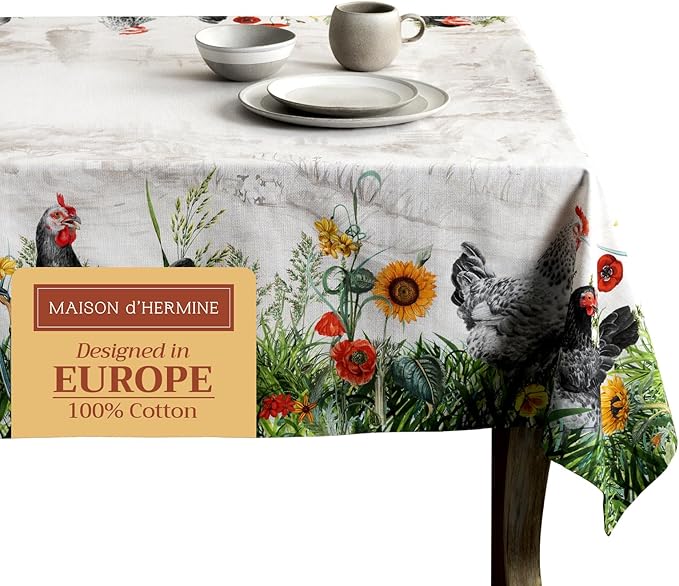 Maison d' Hermine Table Cloth Rectangle Table 100% Cotton 70 x 90 Inches Tablecloth Reusable Decorative for Dining Room Farmhouse Home Valentines Day Decorations Spring Summer - Basse Cour