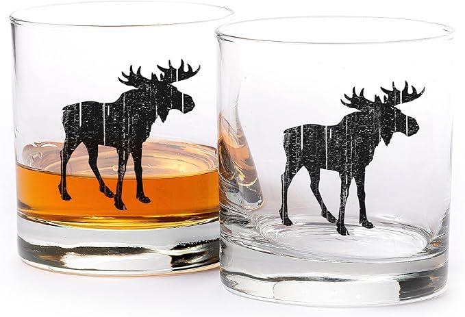 Rustic Moose Whiskey Glass Set by Black Lantern – Set of 2 11oz Heavy Base Old Fashioned Glasses | Forest Tumblers with Gift Box