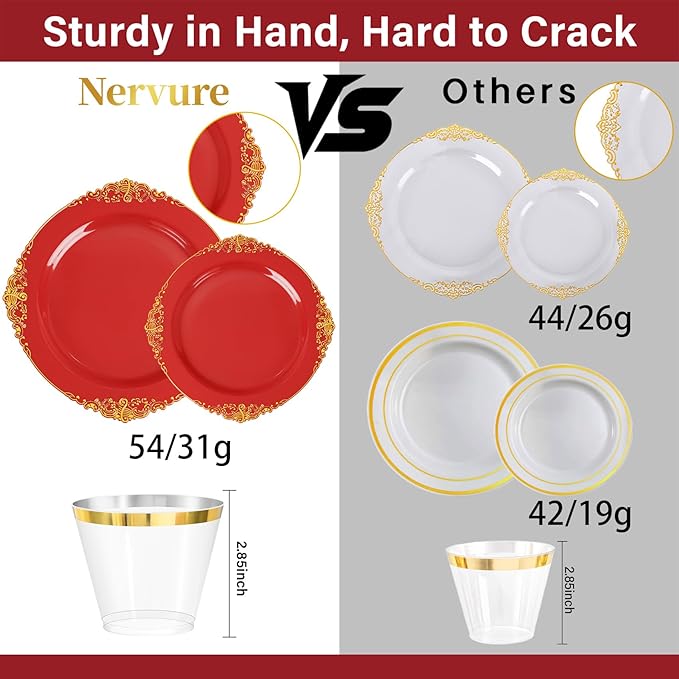 Nervure 350PCS Red Plastic Plates - Red Gold Plastic Dinnerware Sets for 50 Guests - 100 Gold Disposable Plates, 50 Pre Rolled Silverware Sets, 50 Cups Perfect for Wedding & Party