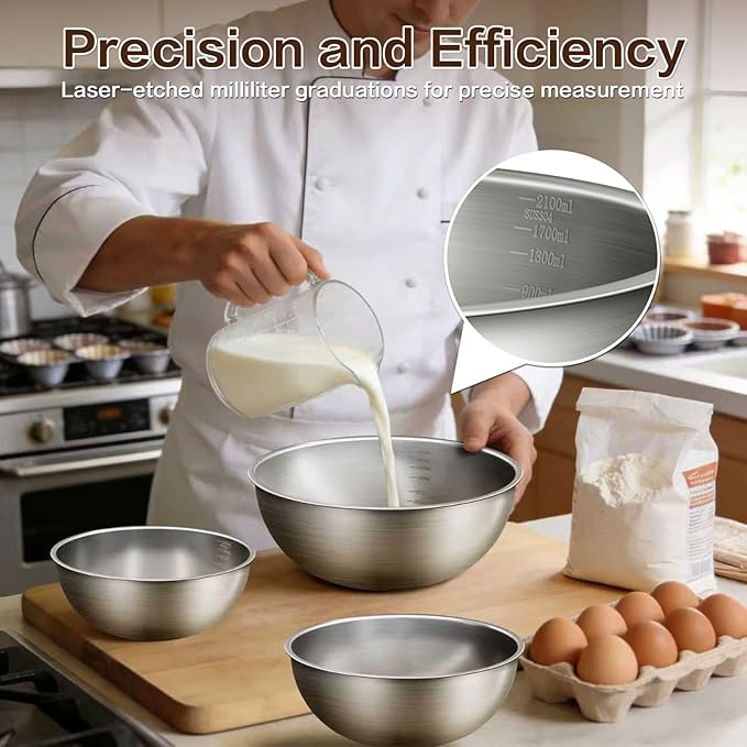 3-Piece Stainless Steel Mixing Bowls Set, 2.4, 3.2 & 4.9 Qt with Measurement Marks, Food Grade 304, Dishwasher Safe & Stackable for Baking, Tossing Salads, and Meal Prep for Your Kitchen