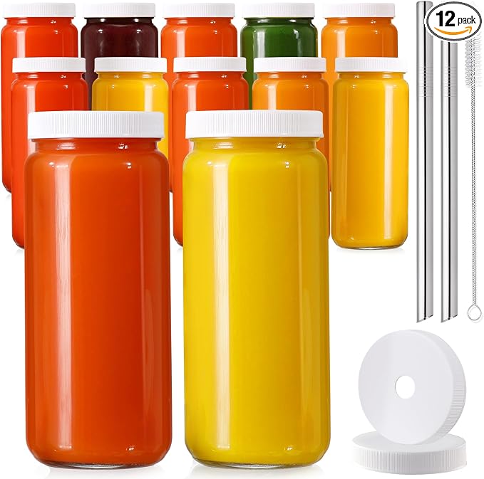 12 PACK, 16 OZ Glass Juice Bottles by AOZITA