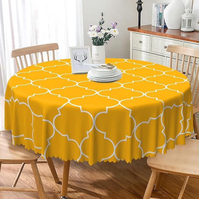 Laeacco 42 Inch Morocco Round Tablecloth Orange Geometric Lattice Modern Abstract Art Print Table Cloth Washable Waterproof Wrinkle Free Table Cover for Kitchen Dining Picnic Party Decoration