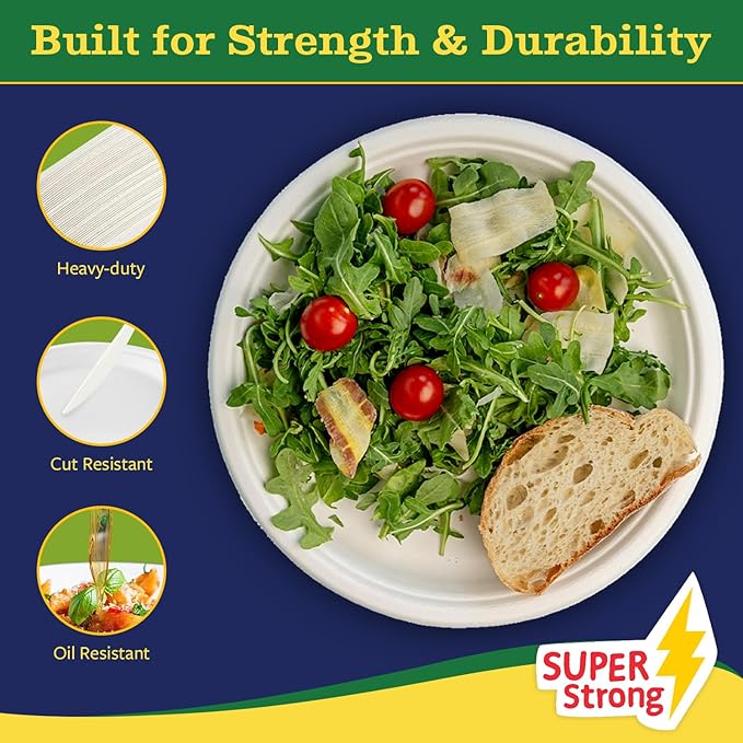 7” Compostable Plates, 125-Pack | Biodegradable Sugarcane | Sturdy, Microwave-Safe Disposable Plates for Parties & Events