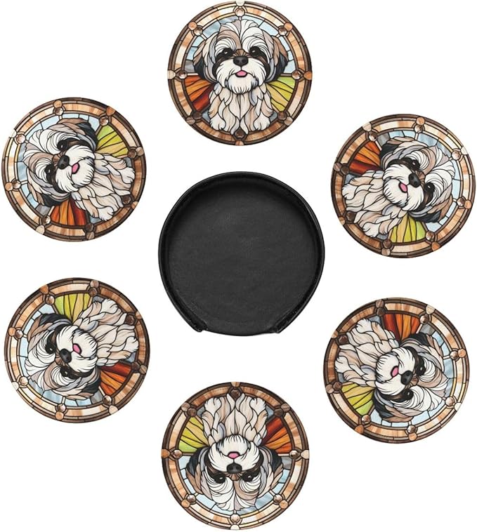 Drink Coaster Set of 6, Shih Tzu Dog Mom Lover Gift,Leather Drink Coasters with Holder,6 Pack Cup/Bar/Drink Coasters for Table/Drinks/Coffee Protection Housewarming Gift