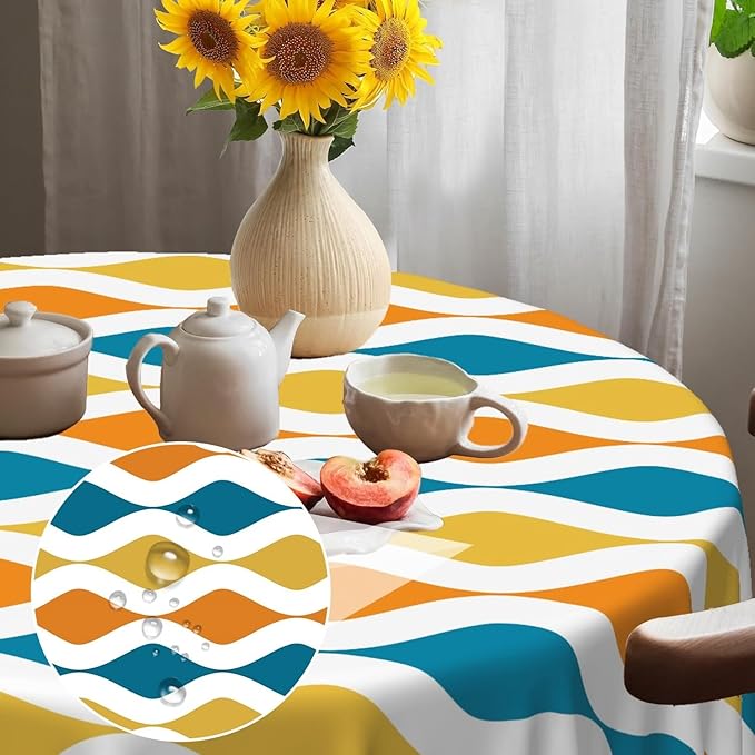 Laeacco 24 Inch Geometric Round Tablecloth Blue and Orange Waved Stripes Modern Abstract Art Print Table Cloth Washable Waterproof Wrinkle Free Table Cover for Kitchen Dining Picnic Party Decoration