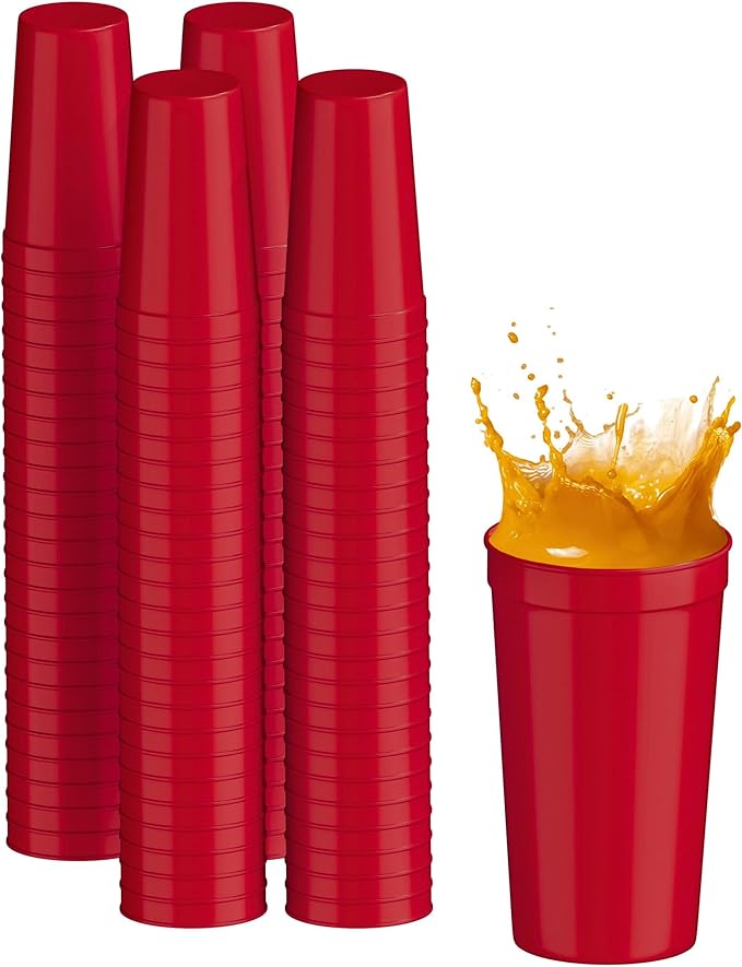 PartyPrints 100 Pack 32 oz Red Reusable Blank Plastic Cups, Colored Plastic by PartyPrints