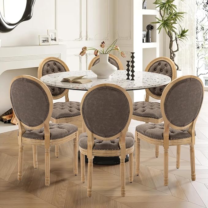 SoarFlash French Dining Chairs Set of 6, Vantage Dining Chair with Round Back, Farmhouse Country PU Leather Dining Chair for Kitchen,Bedroom,Brown