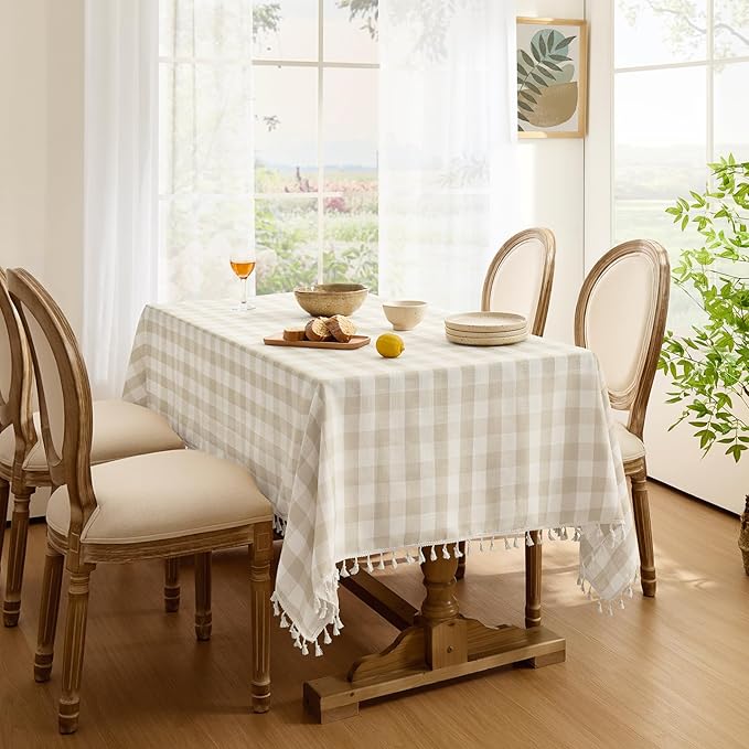 Softalker Checkered Tablecloth Square, Outdoor Linen Cotton Gingham Table Cloth with Tassel, Heavy Duty Wrinkle Free Buffalo Plaid Table Cover for Kitchen Dining Home Party - 55 x 55 Inch, Beige