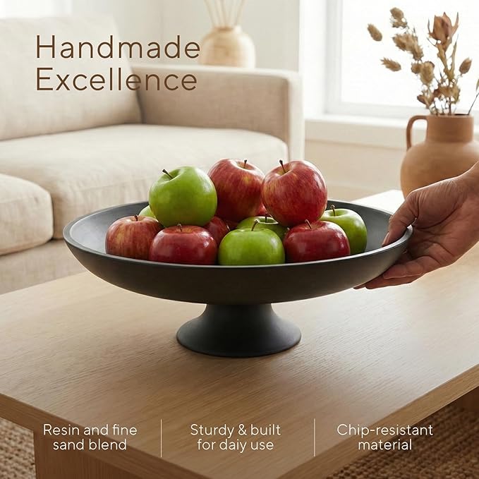 Large Black Decorative Bowl, Modern Pedestal Bowl for Home Decor, Decorative Fruit Bowl for Kitchen Counter, Stylish Key Bowls for Entry Table, 11.45” Diameter & 3.8” Height
