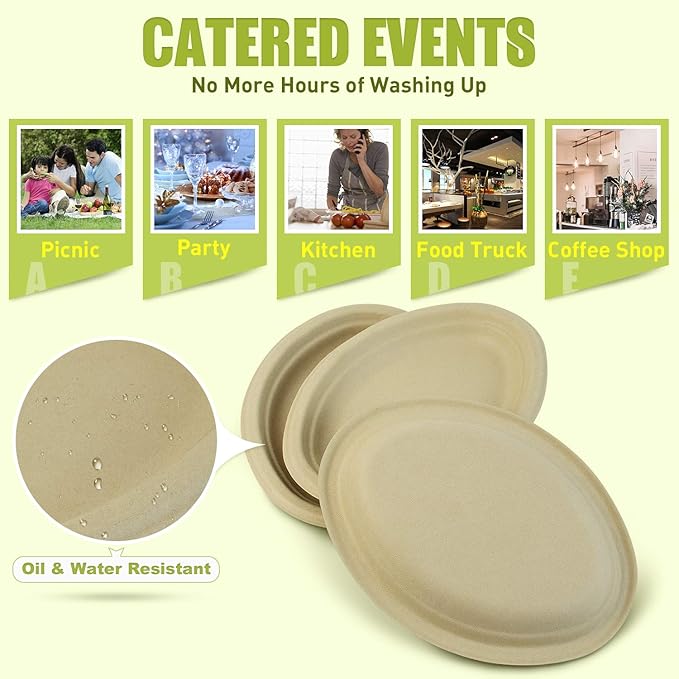 Green Earth, 10-Inch, 125-Count, Compostable Plates, Natural Bamboo Fibers, Everyday Tableware - Biodegradable Disposable Oval Shape Microwave-Safe Gluten-Free Eco-Friendly