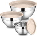 LIANYU Mixing Bowls with Airtight Lids Sets, 3 Packs Stainless Steel Metal Mixing Bowls, Ideal for Prepping, Cooking, Storage, Serving, Freezer & Dishwasher Safe, Khaki