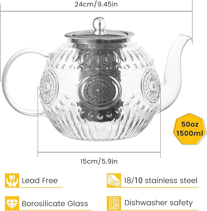 Amzcku 50OZ/1500ml Vintage Glass Teapot - Image 2
