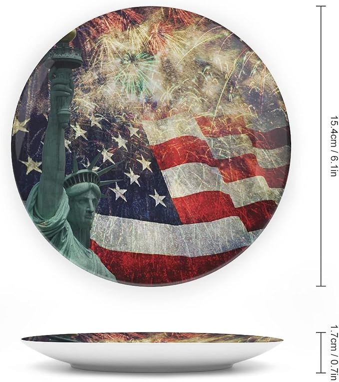 Ceramic Display Plate, American Flag Ceramic Hanging Decorative Plate, Fireworks 4th of July, 6 Inch, Household Custom Ceramic Plate, Multicolor