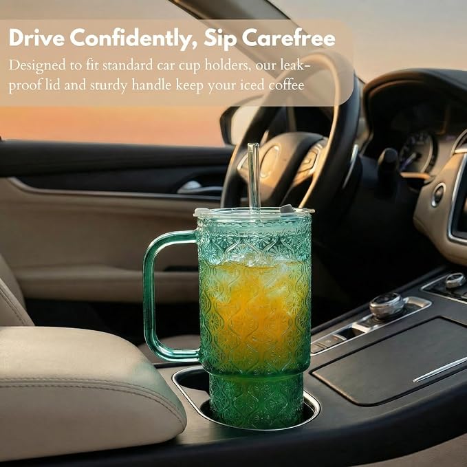 20 oz Green Glass Tumbler with Lid and Straw, Glass Iced Coffee Cups, - Image 8