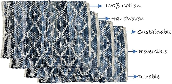 Perilla Home Natural Chindi Jute Placemats Set of 4 Vintage Boho 13x19 Inch Blue-Grey Rectangle Table Mats for Kitchen Dining Room Home Decor Banquets Family Gathering Rustic Placemat (Alexandria)