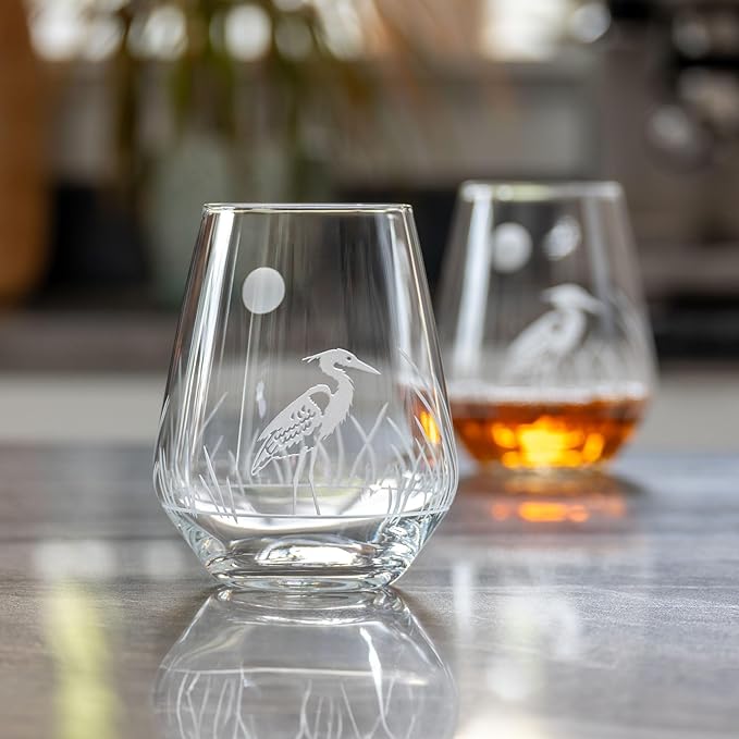 Rolf Glass Heron Stemless Wine Tumbler 18oz - Stemless Wine Glasses – Lead-Free Engraved Glass - Made in the USA (Set of 4)