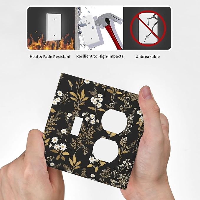 Light Switch Cover Plate Black/Gold Boho Botanical Floral Rustic Flowers 2 Gang Decorative Switch Plates 1 Toggle Duplex Combo Outlet Covers GFCI Wall Plates for Bathroom Kitchen Decor