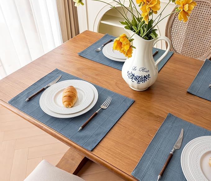 Linen Checked Placemats Set of 4, Machine Washable, Thick Textured Farmhouse - Image 5