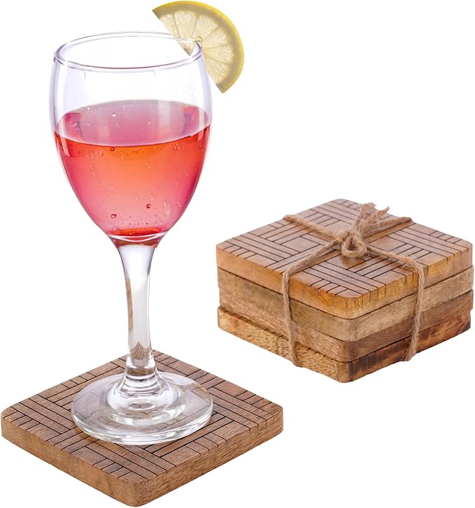 Set of 4 Wood Coasters - Natural Mango Wooden Coasters for Drinks, Beverages, Wine Glasses & Bar Glasses - Rustic & Durable Drink Coasters - Coaster Set for Home, Kitchen, Dining, Bar Decor