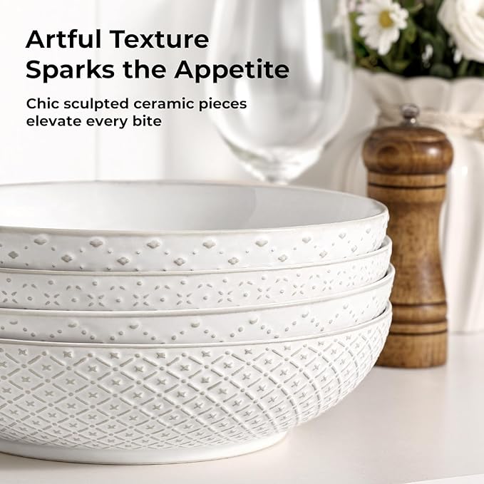 Y YHY Large Pasta Bowls, 45 oz Embossed Salad Bowls for Serving Soup, Noodle, Dessert, Dinner, Kitchen Deep Plates, 9.75" Porcelain Shallow Bowls, Soft White Dishes for House-warming Wedding Present