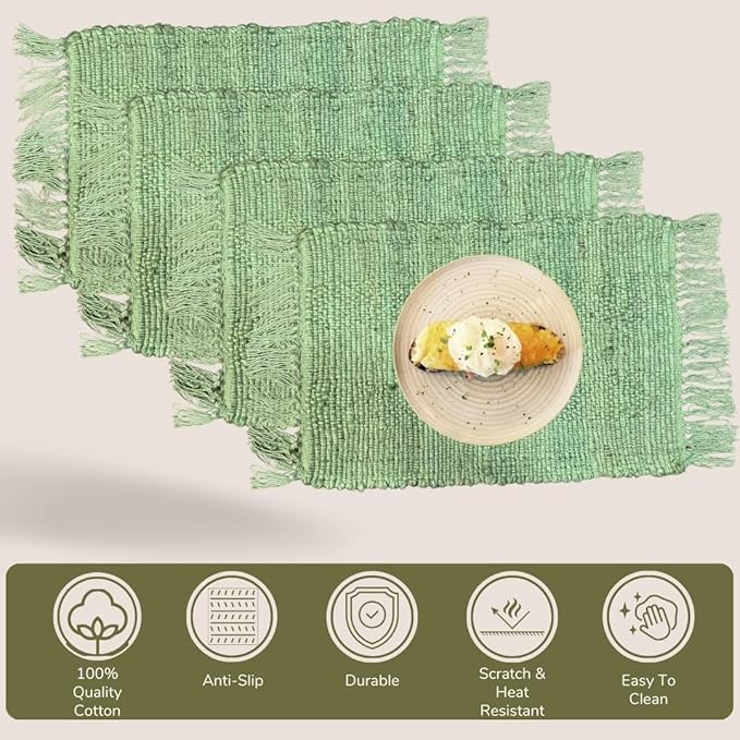 Perilla Home Natural Chindi Jute Placemat Set of 4 Vintage Boho 13x19 Inch Table Mats for Kitchen Dining Home Decor Rectangle Placemats (Green)