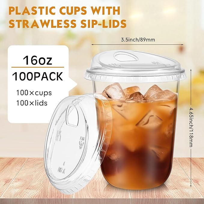 Baderke 100 Pcs Plastic Cups with Sip Lids Round Bottom Disposable Plastic Coffee Cups with Lids Clear Strawless Crystal Mugs for Iced Coffee Smoothie Cold Beverage Party Catering Supplies (16 oz)