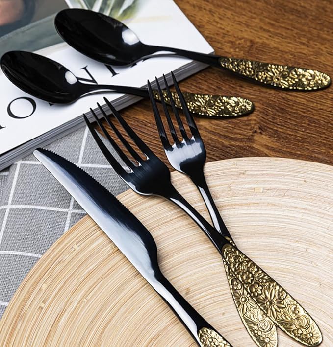 TWEE Black Gold Silverware Set for 4 Unique 18/10 Stainless Steel 20 Flatware Set Beautifully Embossed Floral Pattern Mirror Polished Kitchen Utensils Set for Home Restaurant Tableware
