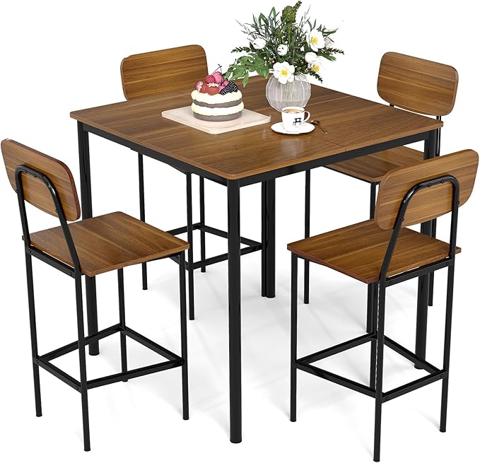 COSTWAY Dining Table Set for 4, 5-Piece Square Kitchen Nook Dinette Set with 4 Bar Stools with Footrest, Backrest, Space-Saving Design, Industrial Kitchen Table and Chairs for Apartment, Brown