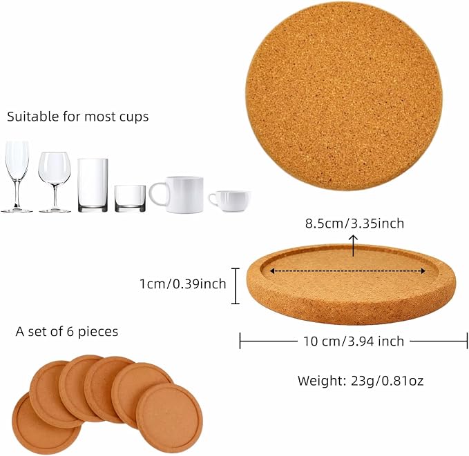 6-Pack Cork Coasters, 4 Inch Absorbent Reusable Beverage Coasters - Image 2