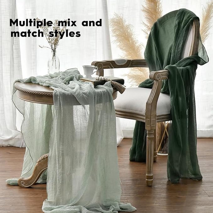 Artoid Mode Boho Cheesecloth Gauze Forest Green Wedding Table Runner, 120 Inch - Image 4
